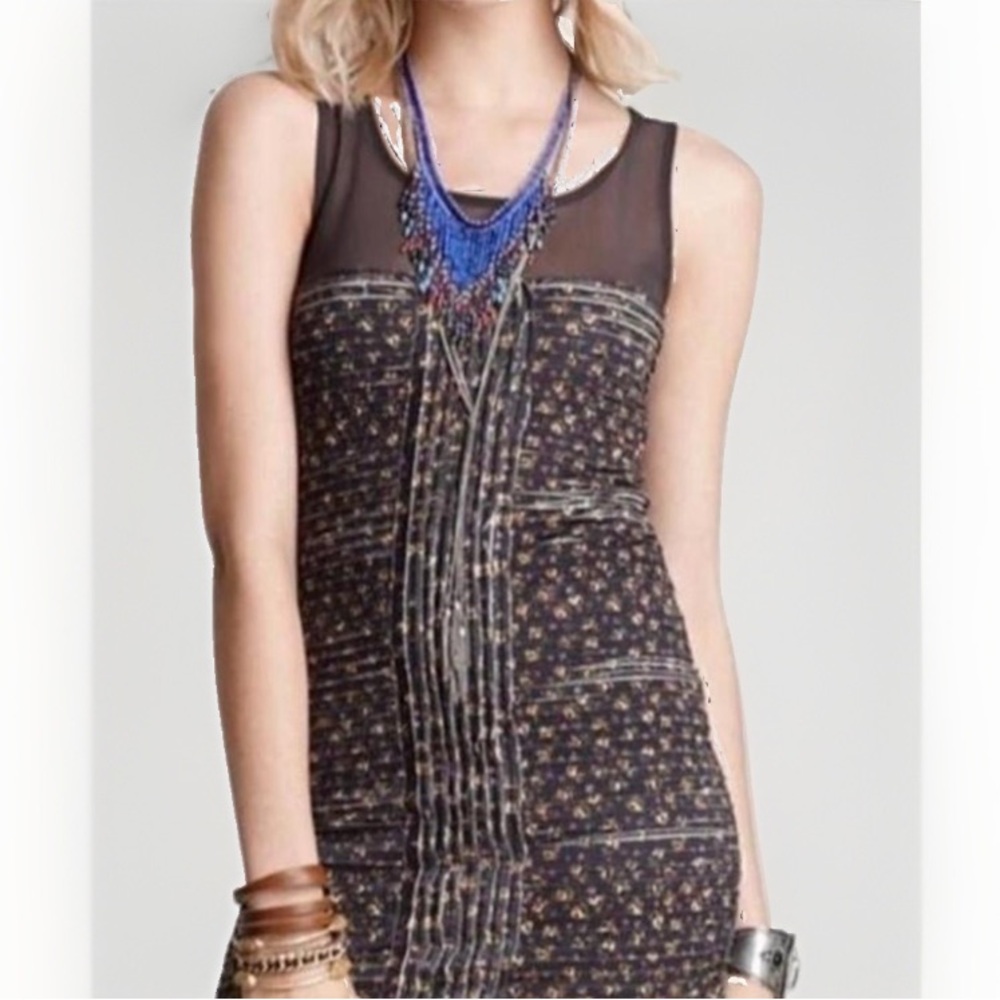 Sheer Yoke Floral Bodycon Dress - Black